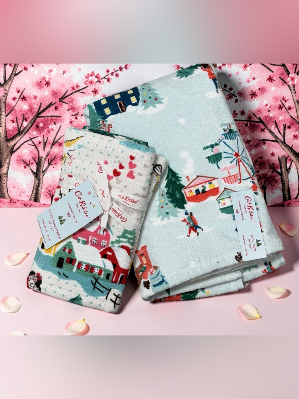 Cath Kidston London NWT  Whimsical Pastel Blue Holiday Village Towel Set
